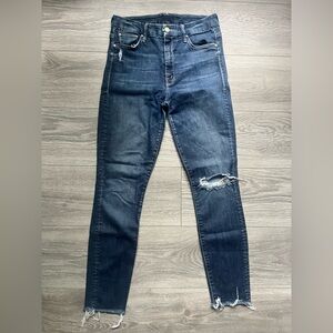 MOTHER Looker Denim Jeans Blue High Waisted Distressed Raw Hem Ankle Size 28